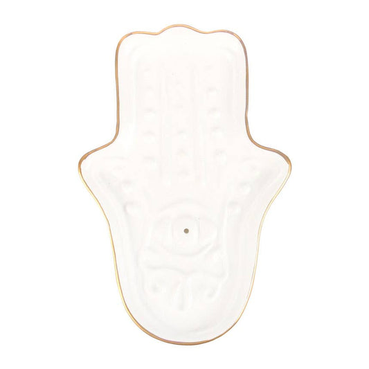 White Hamsa Hand Ceramic Incense Stick Holder Plate